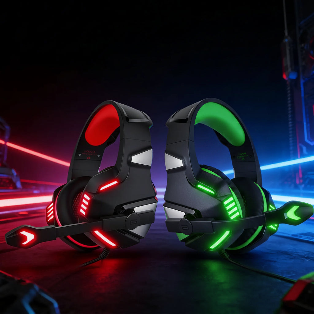 La foto muestra los AURICULARES GAMING con microfono incorporado con luces RGB con cancelacion de ruido