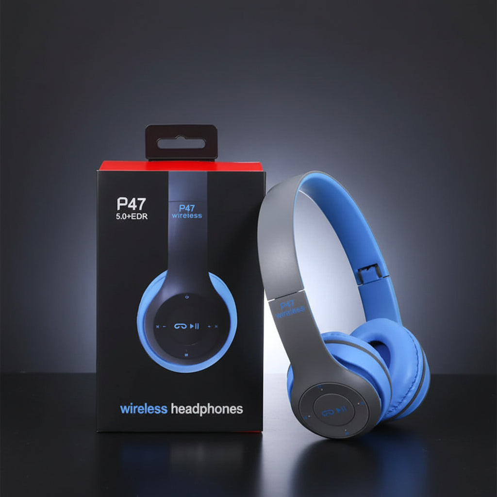 foto de los auriculares inalambricos de color azul con su caja 