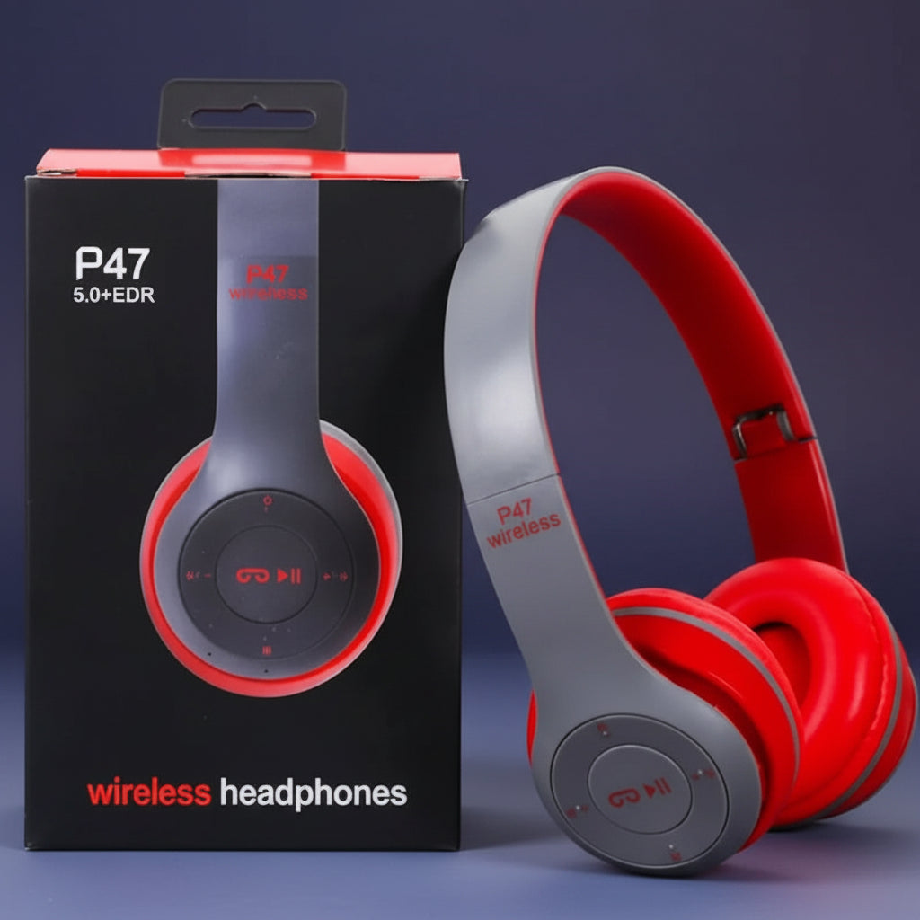 en la foto se muestra los auriculares inalambricos en color gris y rojo