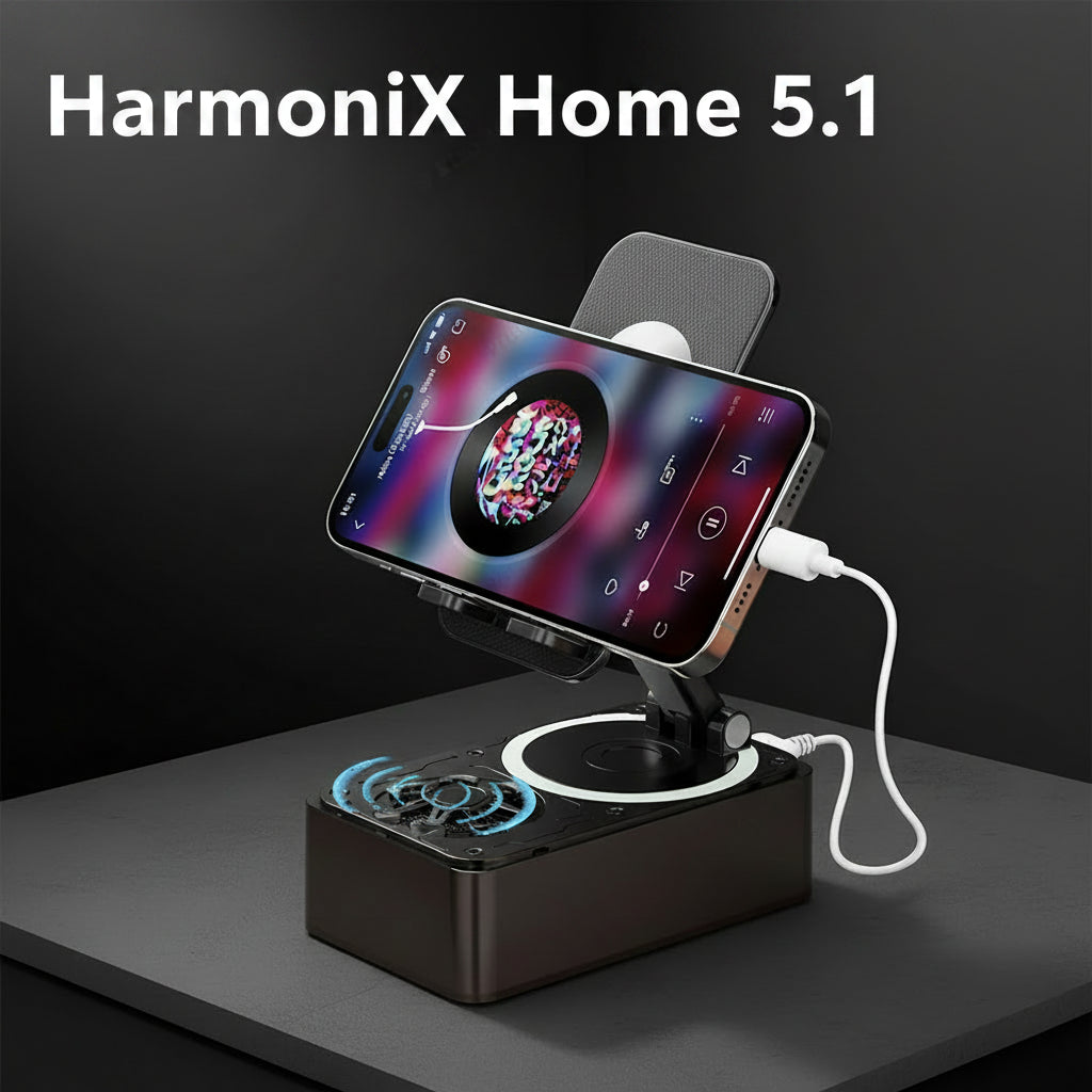 Foto frontal del altavoz harmonix con soporte para movil con un diseño compacto en plastico resistente para el hogar